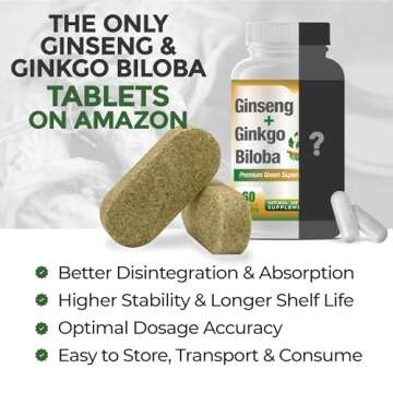 GreeNatr Ginko Biloba & Panax Ginseng Supplement - Red Ginseng Brain Supplement for Memory and Focus - Ginkgo Biloba Supplements for Good Vision, Immune System and Improved Blood Flow - 60 Tablets