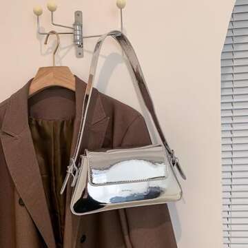 Motleader Silver Metallic Evening Bag for Women Y2K Silver Leather Shoulder Bags Sparkle Purse for Prom Wedding Party, Silver