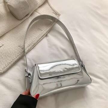 Motleader Silver Metallic Evening Bag for Women Y2K Silver Leather Shoulder Bags Sparkle Purse for Prom Wedding Party, Silver