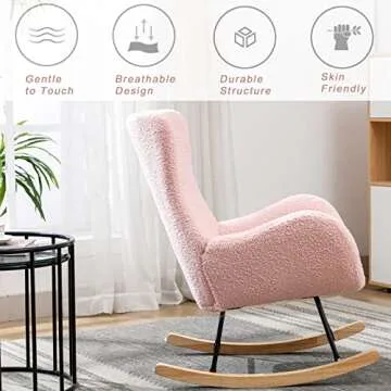 KINFFICT Nursery Rocking Chair, Teddy Velvet Upholstered Glider Rocker Rocking Accent Chair with High Backrest, Mid Century Modern Armchair Comfy Side Chair for Living Room Bedroom Offices