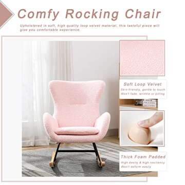 KINFFICT Nursery Rocking Chair, Teddy Velvet Upholstered Glider Rocker Rocking Accent Chair with High Backrest, Mid Century Modern Armchair Comfy Side Chair for Living Room Bedroom Offices
