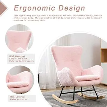 KINFFICT Nursery Rocking Chair, Teddy Velvet Upholstered Glider Rocker Rocking Accent Chair with High Backrest, Mid Century Modern Armchair Comfy Side Chair for Living Room Bedroom Offices