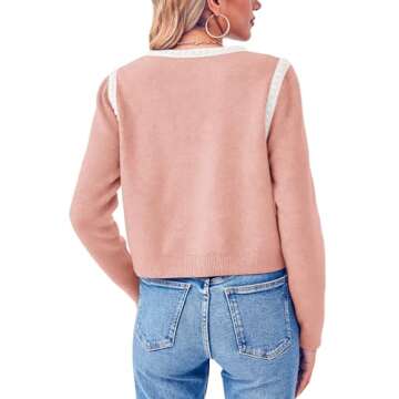 Esobo Womens Knit Cardigan Sweaters Open Front Long Sleeve Cropped Trendy Jacket Outerwear(White-Pink,Small)