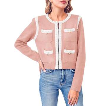 Esobo Womens Knit Cardigan Sweaters Open Front Long Sleeve Cropped Trendy Jacket Outerwear(White-Pink,Small)