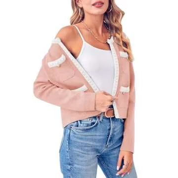 Esobo Womens Knit Cardigan Sweaters Open Front Long Sleeve Cropped Trendy Jacket Outerwear(White-Pink,Small)