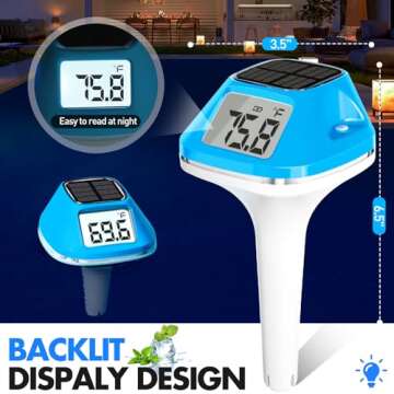 DeeprBlu 2025 New Iteration Solar Digital Pool Thermometer with Rope, Easy Read Extra Large Backilt ...