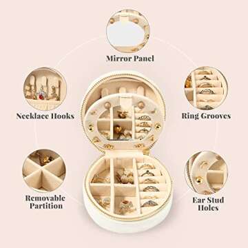 Dajasan Velvet Jewelry Organizer, Mini Travel Jewelry Case, Small Portable Travel Jewelry Organizer Box with Mirror for Earrings Bracelets Rings Necklace (Beige)