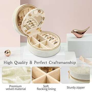 Dajasan Velvet Jewelry Organizer, Mini Travel Jewelry Case, Small Portable Travel Jewelry Organizer Box with Mirror for Earrings Bracelets Rings Necklace (Beige)