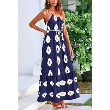 PRETTYGARDEN Women's Summer One Shoulder Maxi Dresses Printed Flowy Boho Beach Vacation Long Sundress (Navy Apricot Floral,Small)