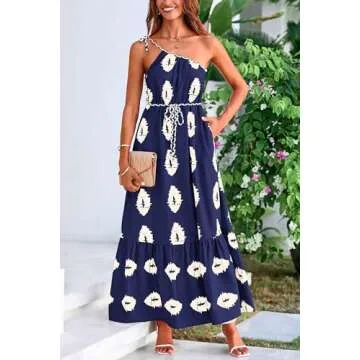 PRETTYGARDEN Women's Summer One Shoulder Maxi Dresses Printed Flowy Boho Beach Vacation Long Sundress (Navy Apricot Floral,Small)