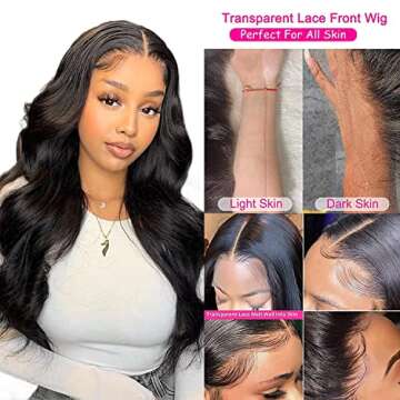 180% High Density HD Transparent Body Wave Lace Front Wigs 4X4 Brazilian Virgin Human Hair Pre Plucked with Baby Hair Glueless Lace Closure Wigs for Women (24inch,Natural Black)