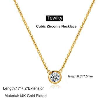 Tewiky Dainty 14k Gold Plated CZ Diamond Solitaire Pendant Necklace - Minimalist Choker Necklace for Women ands