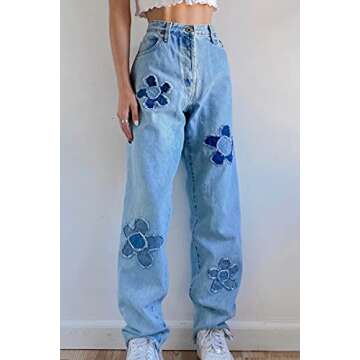 Women's Y2K Fashion Wide Leg High Waist Denim Pants Boyfriend Jeans Loose Fit Baggy Jeans for Teen Girls Flower Embroidery Blue
