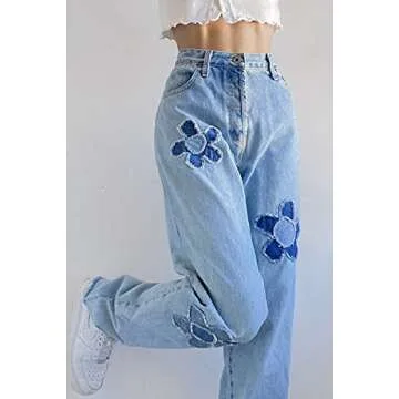 Women's Y2K Fashion Wide Leg High Waist Denim Pants Boyfriend Jeans Loose Fit Baggy Jeans for Teen Girls Flower Embroidery Blue