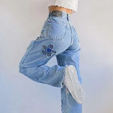 Women's Y2K Fashion Wide Leg High Waist Denim Pants Boyfriend Jeans Loose Fit Baggy Jeans for Teen Girls Flower Embroidery Blue