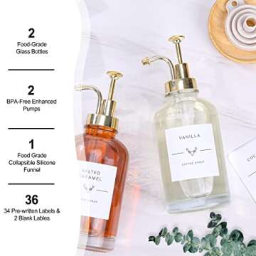 Coffee Syrup Dispenser for Coffee Bar, Coffee Syrup Dispenser with 36 Labels, Simple Glass Syrup Bot...