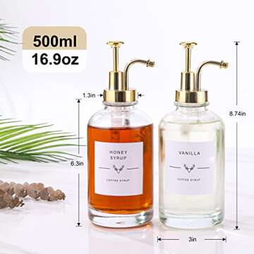 Coffee Syrup Dispenser for Coffee Bar, Coffee Syrup Dispenser with 36 Labels, Simple Glass Syrup Bottles with Gold Pump, 16.9 Oz 500 Ml, Set of 2