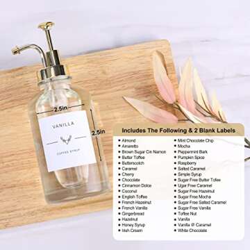 Coffee Syrup Dispenser for Coffee Bar, Coffee Syrup Dispenser with 36 Labels, Simple Glass Syrup Bottles with Gold Pump, 16.9 Oz 500 Ml, Set of 2