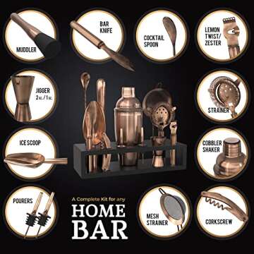 Highball & Chaser 13-Piece Cobbler Cocktail Shaker Set Matte Copper Stainless Steel Bartender Kit Fo...