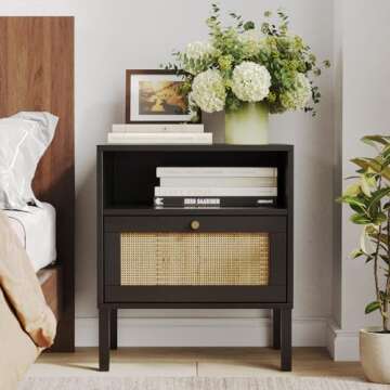 Natural Rattan Nightstands Set of 2, Accent End Table, Boho Bedside Table with 1 Hand Made Decorated Door for Living Room, Bedroom, Black