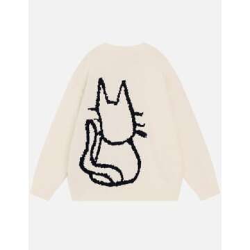 Aelfric Eden Women's Pullover Sweater Hand Drawn Cat Graphic Printed Oversized Sweater Fall Winter F...
