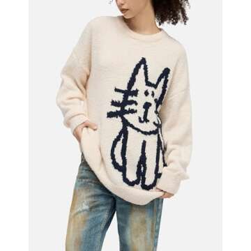 Aelfric Eden Women's Pullover Sweater Hand Drawn Cat Graphic Printed Oversized Sweater Fall Winter Fashion Couple Tops
