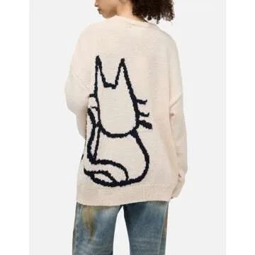Aelfric Eden Women's Pullover Sweater Hand Drawn Cat Graphic Printed Oversized Sweater Fall Winter Fashion Couple Tops
