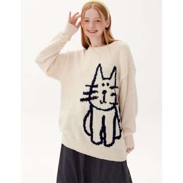 Aelfric Eden Women's Pullover Sweater Hand Drawn Cat Graphic Printed Oversized Sweater Fall Winter Fashion Couple Tops
