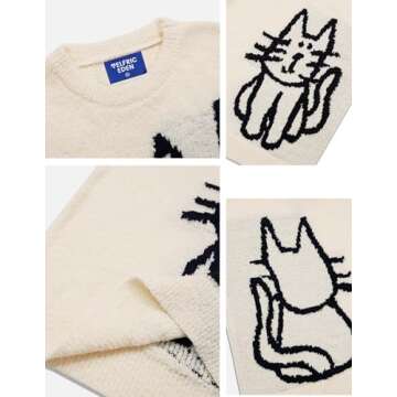 Aelfric Eden Women's Pullover Sweater Hand Drawn Cat Graphic Printed Oversized Sweater Fall Winter Fashion Couple Tops