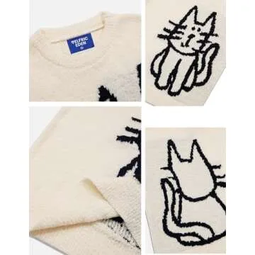 Aelfric Eden Women's Pullover Sweater Hand Drawn Cat Graphic Printed Oversized Sweater Fall Winter Fashion Couple Tops