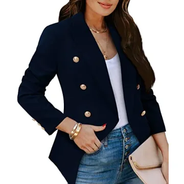 CRAZY GRID Women's Double Breasted Blazer - Elegant Business Casual Jacket with Gold Buttons