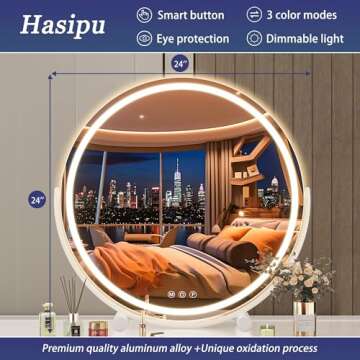 Hasipu Vanity Mirror with Lights, 24" LED Makeup Mirror, Lighted Makeup Mirror with Lights, Smart Touch Control 3 Colors Dimmable Round Mirror 360°Rotation White