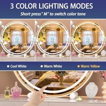 Hasipu Vanity Mirror with Lights, 24" LED Makeup Mirror, Lighted Makeup Mirror with Lights, Smart Touch Control 3 Colors Dimmable Round Mirror 360°Rotation White