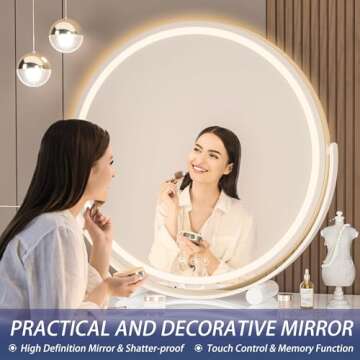 Hasipu Vanity Mirror with Lights, 24" LED Makeup Mirror, Lighted Makeup Mirror with Lights, Smart Touch Control 3 Colors Dimmable Round Mirror 360°Rotation White
