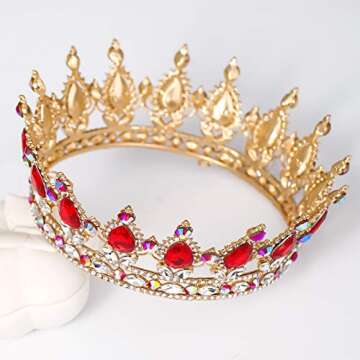 FORSEVEN Queen Crown Rhinestone Wedding Crowns and Tiaras for Women Costume Party Hair Accessories Princess Birthday Crown Crystal Bridal Crown (Gold+Red AB)