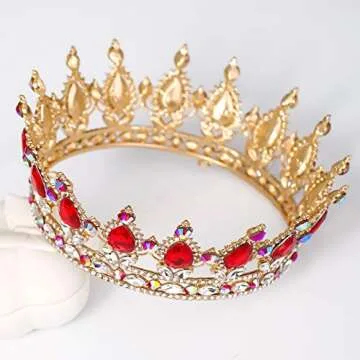 FORSEVEN Queen Crown Rhinestone Wedding Crowns and Tiaras for Women Costume Party Hair Accessories Princess Birthday Crown Crystal Bridal Crown (Gold+Red AB)