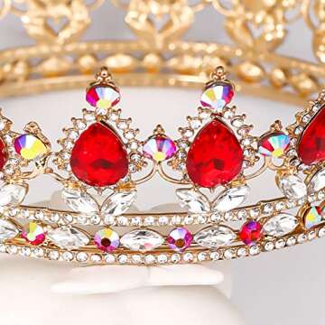 FORSEVEN Queen Crown Rhinestone Wedding Crowns and Tiaras for Women Costume Party Hair Accessories Princess Birthday Crown Crystal Bridal Crown (Gold+Red AB)