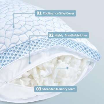 QUTOOL Double Sided Cooling Pillow for Hot Sleepers, Shredded Memory Foam Pillows Queen Size Set of 2, Adjustable Soft & Firm Gel Bed Pillow for Side, Back, Stomach Sleepers