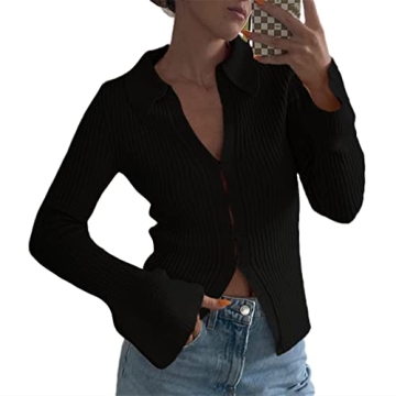 Chic Slim Fitted Women's Black Ribbed Sweater Cardigan