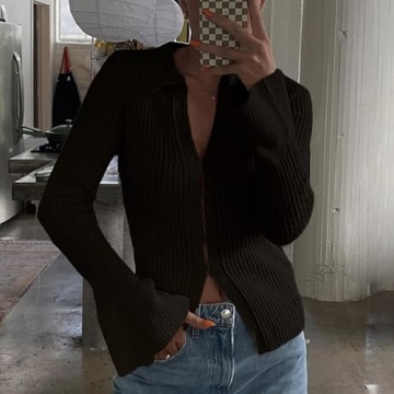 Chic Slim Fitted Women's Black Ribbed Sweater Cardigan