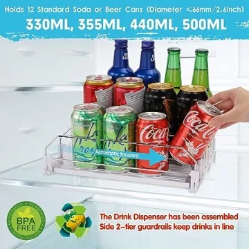 Automatic Soda Can Organizer and Rolling Soda Can Organizer for Refrigerator for Beer Soda Seltzer Drink Pop Cans Holder Storage Pantry Organization