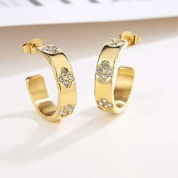 Friendship Earrings for Women Designer Cubic Zirconia Gold Stainless Steel Hoop Huggie Cuff Studs Friendship Jewelry Mothers Day Birthday Christmas Gifts… (Clovers Earrings-Gold)