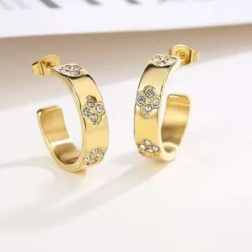 Friendship Earrings for Women Designer Cubic Zirconia Gold Stainless Steel Hoop Huggie Cuff Studs Friendship Jewelry Mothers Day Birthday Christmas Gifts… (Clovers Earrings-Gold)