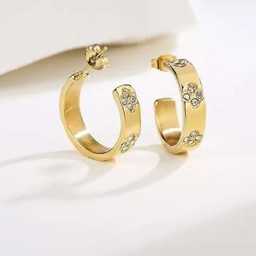 Friendship Earrings for Women Designer Cubic Zirconia Gold Stainless Steel Hoop Huggie Cuff Studs Friendship Jewelry Mothers Day Birthday Christmas Gifts… (Clovers Earrings-Gold)