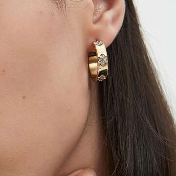 Friendship Earrings for Women Designer Cubic Zirconia Gold Stainless Steel Hoop Huggie Cuff Studs Friendship Jewelry Mothers Day Birthday Christmas Gifts… (Clovers Earrings-Gold)