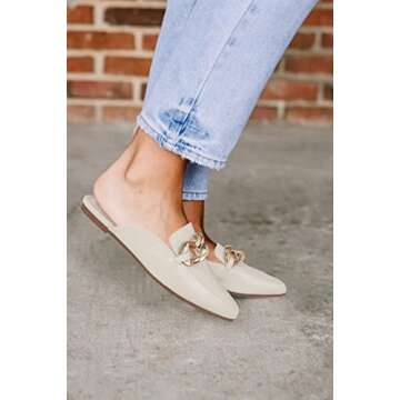 Mskilder Mules for Women Flats Metal Chain Pointed Toe Slip-on Backless Loafers Slides Flat Shoes Cream