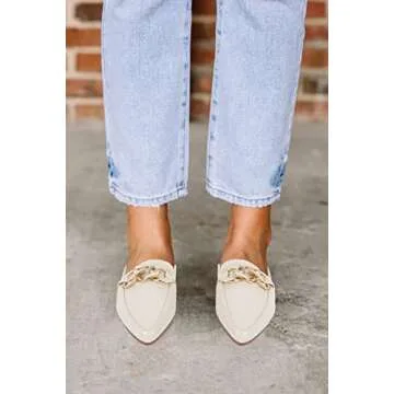 Mskilder Mules for Women Flats Metal Chain Pointed Toe Slip-on Backless Loafers Slides Flat Shoes Cream