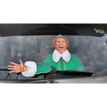 Jolly Elf Waving Arm Wiper Blade Decal for Christmas and Winter. WiperTags Attach to Rear Vehicle Wiper Blades and Waves When The Wiper is Turned on. Made in USA.