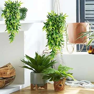 SzJias Artificial Hanging Plants Fake Bamboo Leaves Plants Fake Hanging Plants for Patio Porch Outdoor Plants Decor (2 Pcs)