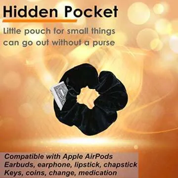 SUNEBOIZ Zipper Scrunchies, Pocket Scrunchie, SECRET & HIDDEN, Velvet Hair Ties Bracelet, Compatible with Apple AirPods 3&2&1, Key Money Chapstick Storage Bag, Elastics Hair Band (3PCS Black)